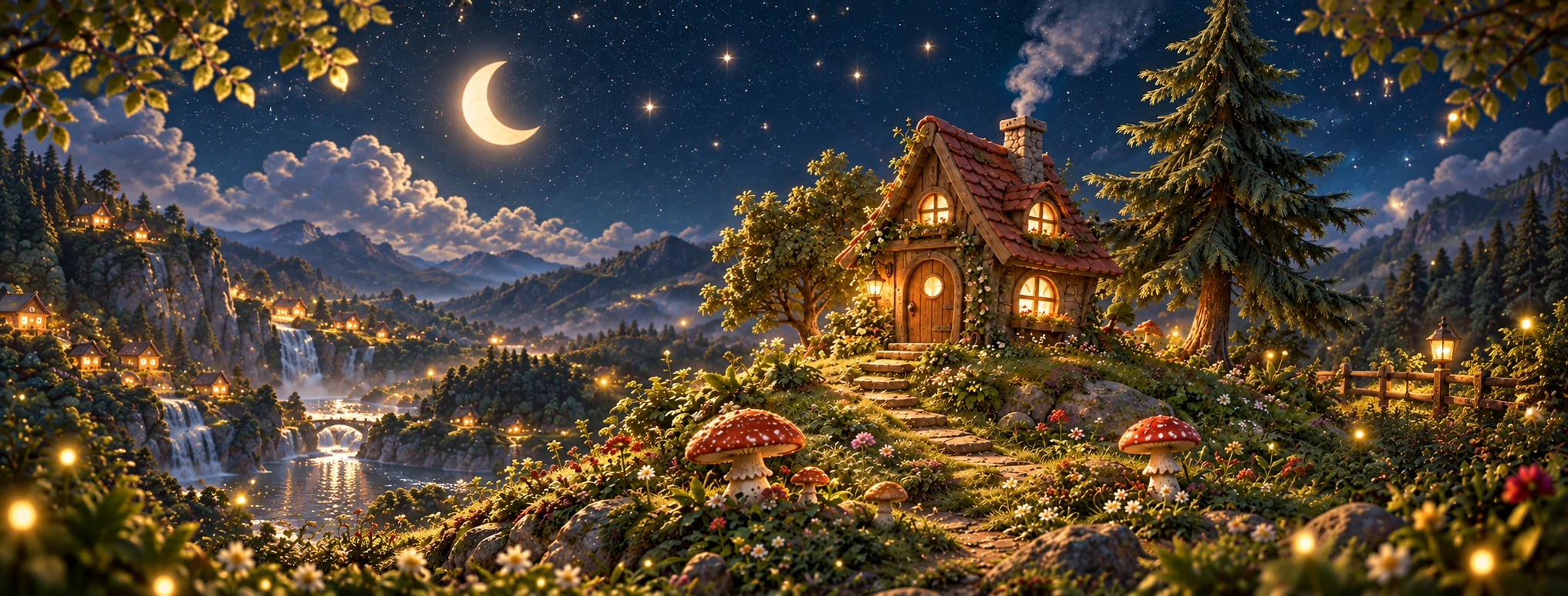 陶畫森林的星夜：月亮照著溪流、瀑布與森林聚落，陶屋的暖燈迎接每一位來訪的朋友。